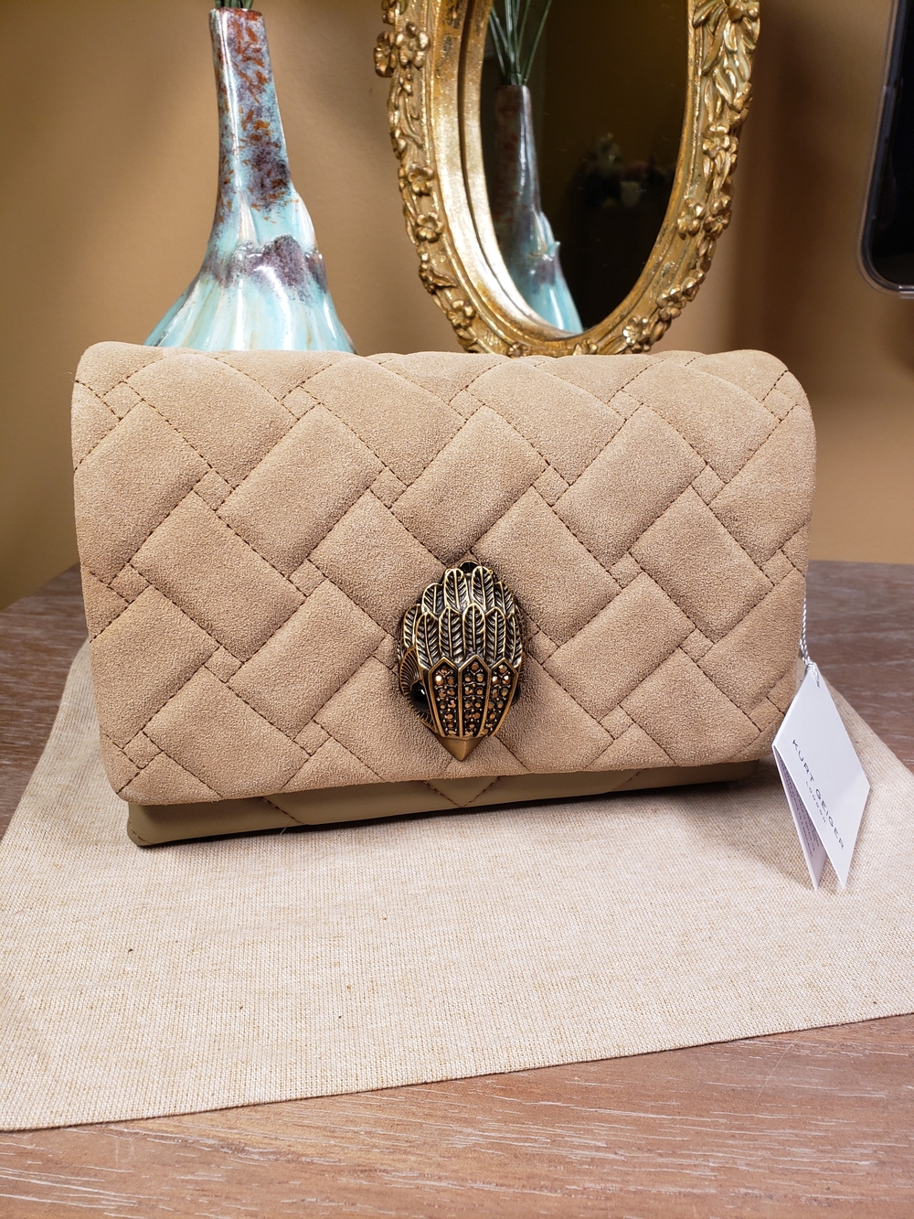 Kurt Geiger Tan Quilted Crossbody Bag w/ Brass Crystal Embellished Eagle NWT! - Picture 12 of 15